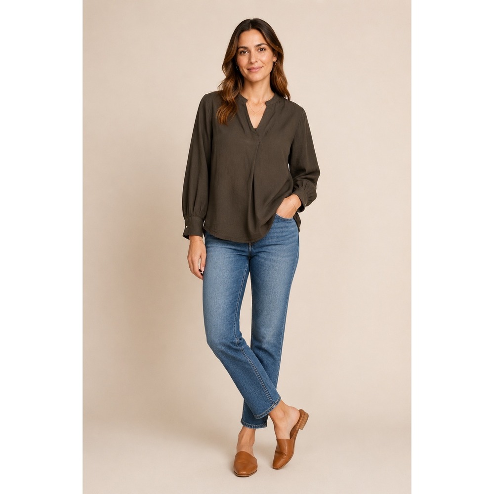 Old Navy Women L Dark Olive Green Gauze Blouse Split Neck Long Sleeve Boho Top